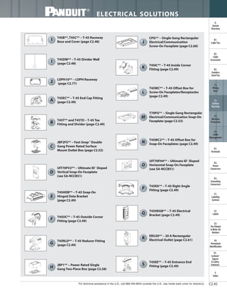 For technical assistance in the U.S., call 866-405-6654 (outside the U.S., see inside back cover for directory)
ELECTRICAL SOLUTIONS
C2.45
B2.
Cable
Accessories
C1.
Wiring
Duct
C3.
Abrasion
Protection
C4.
Cable
Management
D1.
Terminals
D2.
Power
Connectors
E1.
Labeling
Systems
E2.
Labels
E3.
Pre-Printed
& Write-On
Markers
F.
Index
B3.
Stainless
Steel Ties
C2.
Surface
Raceway
E5.
Lockout/
Tagout
& Safety
Solutions
B1.
Cable Ties
A.
System
Overview
D3.
Grounding
Connectors
E4.
Permanent
Identification
CPG** – Single Gang Rectangular
Electrical/Communication
Screw-On Faceplate (page C2.60)
T70PG** – Single Gang Rectangular
Electrical/Communication Snap-On
Faceplate (page C2.53)
T45WC2** – T-45 Offset Box for
Snap-On Faceplates (page C2.49)
UIT70FH4** – Ultimate ID®
Sloped
Horizontal Snap-On Faceplate
(see SA-NCCB51)
T45RA** – T-45 Right Angle
Fitting (page C2.49)
T45HEGB** – T-45 Electrical
Bracket (page C2.49)
T45EE** – T-45 Entrance End
Fitting (page C2.49)
T45IC** – T-45 Inside Corner
Fitting (page C2.49)
T45WC** – T-45 Offset Box for
Screw-On Faceplates/Receptacles
(page C2.49)
J
K
L
O
M
N
P
S
Q
ERU20** – 20 A Rectangular
Electrical Outlet (page C2.61)
R
T45B**,T45C** – T-45 Raceway
Base and Cover (page C2.48)
T45EC** – T-45 End Cap Fitting
(page C2.49)
T45T** and T45TD – T-45 Tee
Fitting and Divider (page C2.49)
JBP2FS** – Fast-Snap™
Double
Gang Power Rated Surface
Mount Outlet Box (page C2.52)
UIT70FV2** – Ultimate ID®
Sloped
Vertical Snap-On Faceplate
(see SA-NCCB51)
T45OC** – T-45 Outside Corner
Fitting (page C2.49)
T45RLD** – T-45 Reducer Fitting
(page C2.49)
JBP1** – Power Rated Single
Gang Two-Piece Box (page C2.58)
T45HDB** – T-45 Snap-On
Hinged Data Bracket
(page C2.49)
T45DW** – T-45 Divider Wall
(page C2.48)
LDPH10** – LDPH Raceway
(page C2.77)
A
1
B
2
G
D
F
E
C
H
1
 