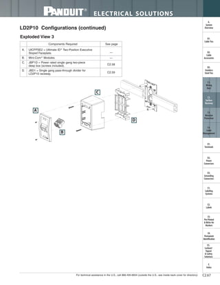 For technical assistance in the U.S., call 866-405-6654 (outside the U.S., see inside back cover for directory)
ELECTRICAL SOLUTIONS
C2.67
B2.
Cable
Accessories
C1.
Wiring
Duct
C3.
Abrasion
Protection
C4.
Cable
Management
D1.
Terminals
D2.
Power
Connectors
E1.
Labeling
Systems
E2.
Labels
E3.
Pre-Printed
& Write-On
Markers
F.
Index
B3.
Stainless
Steel Ties
C2.
Surface
Raceway
E5.
Lockout/
Tagout
& Safety
Solutions
B1.
Cable Ties
A.
System
Overview
D3.
Grounding
Connectors
E4.
Permanent
Identification
LD2P10 Configurations (continued)
A. UICFPSE2 = Ultimate ID®
Two-Position Executive
Sloped Faceplate.
B. Mini-Com®
Modules.
C. JBP1D = Power rated single gang two-piece
deep box (screws included).
D. JBD1 = Single gang pass-through divider for
LD2P10 raceway.
Components Required See page
—
—
C2.58
C2.59
A
B
C
D
Exploded View 3
 