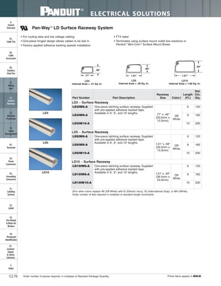 ELECTRICAL SOLUTIONS
Order number of pieces required, in multiples of Standard Package Quantity. Prime items appear in BOLD.C2.76
B2.
Cable
Accessories
C1.
Wiring
Duct
C3.
Abrasion
Protection
C4.
Cable
Management
D1.
Terminals
D2.
Power
Connectors
E1.
Labeling
Systems
E2.
Labels
E3.
Pre-Printed
& Write-On
Markers
F.
Index
B3.
Stainless
Steel Ties
C2.
Surface
Raceway
E5.
Lockout/
Tagout
& Safety
Solutions
B1.
Cable Ties
A.
System
Overview
D3.
Grounding
Connectors
E4.
Permanent
Identification
LD3
LD5
LD10
LD10
Internal Area = 1.00 Sq. In.
LD5
Internal Area = .38 Sq. In.
LD3
Internal Area = .21 Sq. In.
Pan-Way®
LD Surface Raceway System
• For routing data and low voltage cabling
• One-piece hinged design allows cables to be laid in
• Factory applied adhesive backing speeds installation
• FT4 rated
• Terminates using surface mount outlet box solutions or
Panduit®
Mini-Com®
Surface Mount Boxes
‡For other colors replace IW (Off White) with EI (Electric Ivory), IG (International Gray), or WH (White).
Order number of feet required in multiples of standard length increments.
Part Number Part Description
Raceway
Size Color‡
Length
(Ft.)
Std.
Ctn.
Qty.
LD3 – Surface Raceway
LD3IW6-A One-piece latching surface raceway. Supplied
with pre-applied adhesive backed tape.
Available in 6', 8', and 10' lengths. .77" x .46"
(20.0mm x
12.0mm)
Off
White
6 120
LD3IW8-A 8 160
LD3IW10-A 10 200
LD5 – Surface Raceway
LD5IW6-A One-piece latching surface raceway. Supplied
with pre-applied adhesive backed tape.
Available in 6', 8', and 10' lengths. 1.01" x .58"
(26.0mm x
15.0mm)
Off
White
6 120
LD5IW8-A 8 160
LD5IW10-A 10 200
LD10 – Surface Raceway
LD10IW6-A One-piece latching surface raceway. Supplied
with pre-applied adhesive backed tape.
Available in 6', 8', and 10' lengths. 1.51" x .94"
(38.4mm x
24.0mm)
Off
White
6 120
LD10IW8-A 8 160
LD10IW10-A 10 200
 