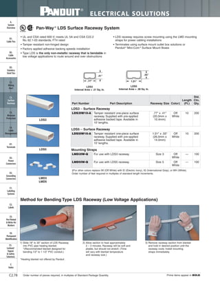 ELECTRICAL SOLUTIONS
Order number of pieces required, in multiples of Standard Package Quantity. Prime items appear in BOLD.C2.78
B2.
Cable
Accessories
C1.
Wiring
Duct
C3.
Abrasion
Protection
C4.
Cable
Management
D1.
Terminals
D2.
Power
Connectors
E1.
Labeling
Systems
E2.
Labels
E3.
Pre-Printed
& Write-On
Markers
F.
Index
B3.
Stainless
Steel Ties
C2.
Surface
Raceway
E5.
Lockout/
Tagout
& Safety
Solutions
B1.
Cable Ties
A.
System
Overview
D3.
Grounding
Connectors
E4.
Permanent
Identification
LDS3
LDS5
LMD3
LMD5
LDS3
Internal Area = .21 Sq. In.
LDS5
Internal Area = .38 Sq. In.
Method for Bending Type LDS Raceway (Low Voltage Applications)
1) Slide 18" to 30" section of LDS Raceway
into PVC pipe heating blanket.
*(Recommended blanket designed for
bending 1/2" to 1 1/2" PVC conduit.)
2) Allow section to heat approximately
2 – 3 minutes. Raceway will be soft and
pliable, but should not stretch. (Time
will vary with blanket temperature
and raceway size.)
3) Remove raceway section from blanket
and hold in desired position until the
raceway cools. Install mounting
straps immediately.
*Heating blanket not offered by Panduit .
Pan-Way®
LDS Surface Raceway System
• UL and CSA rated 600 V; meets UL 5A and CSA C22.2
No. 62.1-03 standards; FT4 rated
• Tamper resistant non-hinged design
• Factory applied adhesive backing speeds installation
• Type LDS is the only non-metallic raceway that is bendable in
low voltage applications to route around and over obstructions
• LDS raceway requires screw mounting using the LMD mounting
straps for power cabling installations
• Terminates using surface mount outlet box solutions or
Panduit®
Mini-Com®
Surface Mount Boxes
‡For other colors replace IW (Off White) with EI (Electric Ivory), IG (International Gray), or WH (White).
Order number of feet required in multiples of standard length increments.
Part Number Part Description Raceway Size Color‡
Length
(Ft.)
Std.
Ctn.
Qty.
LDS3 – Surface Raceway
LDS3IW10-A Tamper resistant one-piece surface
raceway. Supplied with pre-applied
adhesive backed tape. Available in
10' lengths.
.77" x .41"
(20.0mm x
10.4mm)
Off
White
10 200
LDS5 – Surface Raceway
LDS5IW10-A Tamper resistant one-piece surface
raceway. Supplied with pre-applied
adhesive backed tape. Available in
10' lengths.
1.01" x .55"
(26.0mm x
14.0mm)
Off
White
10 200
Mounting Straps
LMD3IW-Q For use with LDS3 raceway. Size 3 Off
White
— 100
LMD5IW-Q For use with LDS5 raceway. Size 5 Off
White
— 100
 