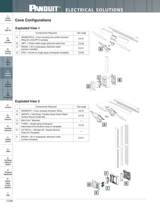 ELECTRICAL SOLUTIONS
C2.88
B2.
Cable
Accessories
C1.
Wiring
Duct
C3.
Abrasion
Protection
C4.
Cable
Management
D1.
Terminals
D2.
Power
Connectors
E1.
Labeling
Systems
E2.
Labels
E3.
Pre-Printed
& Write-On
Markers
F.
Index
B3.
Stainless
Steel Ties
C2.
Surface
Raceway
E5.
Lockout/
Tagout
& Safety
Solutions
B1.
Cable Ties
A.
System
Overview
D3.
Grounding
Connectors
E4.
Permanent
Identification
Cove Configurations
A. WCM35TR10 = Cove raceway low profile transition
fitting for LD/LDP10 raceway.
B. JBP1 = Power rated single gang two-piece box.
C. ERU20 = 20 A rectangular electrical outlet
(screws included).
D. CPG = Screw-on single gang rectangular faceplate.
C2.91
C2.58
C2.61
C2.60
A
C
B
D
Exploded View 2
A. WCM35TR = Cove raceway transition fitting.
B. JBP2FS = Fast-Snap™
Double Gang Power Rated
Surface Mount Outlet Box.
C. Mini-Com ®
Modules.
D. T70PG = Single gang rectangular
electrical/communication snap-on faceplate.
E. UIT70FV4 = Ultimate ID ®
Sloped Vertical
Snap-On Faceplate.
F. ERU20 = 20 A rectangular electrical outlet
(screws included).
Components Required See page
C2.91
C2.52
—
C2.53
—
C2.61
A
D
C
B
F
Components Required See page
Exploded View 1
E
 