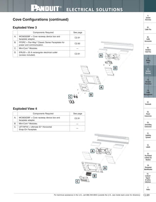 For technical assistance in the U.S., call 866-405-6654 (outside the U.S., see inside back cover for directory)
ELECTRICAL SOLUTIONS
C2.89
B2.
Cable
Accessories
C1.
Wiring
Duct
C3.
Abrasion
Protection
C4.
Cable
Management
D1.
Terminals
D2.
Power
Connectors
E1.
Labeling
Systems
E2.
Labels
E3.
Pre-Printed
& Write-On
Markers
F.
Index
B3.
Stainless
Steel Ties
C2.
Surface
Raceway
E5.
Lockout/
Tagout
& Safety
Solutions
B1.
Cable Ties
A.
System
Overview
D3.
Grounding
Connectors
E4.
Permanent
Identification
Cove Configurations (continued)
Exploded View 3
A. WCM35DBF = Cove raceway device box and
faceplate adapter.
B. FP2RC = Pan-Way ®
Classic Series Faceplates for
power and communication.
C. Mini-Com ®
Modules.
D. ERU20 = 20 A rectangular electrical outlet
(screws included).
C2.91
C2.60
—
C2.61
C
A
B
A
D
Exploded View 4
A
C
A. WCM35DBF = Cove raceway device box and
faceplate adapter.
B. Mini-Com ®
Modules.
C. UIT70FH4 = Ultimate ID ®
Horizontal
Snap-On Faceplate.
Components Required See page
C2.91
—
—
A
B
Components Required See page
 
