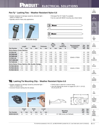 For technical assistance in the U.S., call 866-405-6654 (outside the U.S., see inside back cover for directory)
ELECTRICAL SOLUTIONS
B1.11
B2.
Cable
Accessories
C1.
Wiring
Duct
C3.
Abrasion
Protection
C4.
Cable
Management
D1.
Terminals
D2.
Power
Connectors
E1.
Labeling
Systems
E2.
Labels
E3.
Pre-Printed
& Write-On
Markers
F.
Index
B3.
Stainless
Steel Ties
C2.
Surface
Raceway
E5.
Lockout/
Tagout
& Safety
Solutions
B1.
Cable Ties
A.
System
Overview
D3.
Grounding
Connectors
E4.
Permanent
Identification
Pan-Ty®
Lashing Ties – Weather Resistant Nylon 6.6
• Greater resistance to damage caused by ultraviolet light –
indoor or outdoor use
• Typically used for heavy duty applications
• Strongest Pan-Ty®
Cable Tie available
• Can be used with MCEH mounting clip, shown below
No Buckle DesignLashing Tie
Part Number
Length Width Thickness
Max.
Bundle
Dia.
Min.
Loop
Tensile Str.
Recommended
Installation
Tool
Std.
Pkg.
Qty.
Std.
Ctn.
Qty.In. mm In. mm In. mm In. mm Lbs. N
Extra-Heavy Cross Section
PLT2EH-Q0 9.0 229 .500 12.7 .075 1.9 2.00 51 250 1112
GS4EH, ST3EH
25 250
PLT5EH-Q0 20.1 511 .500 12.7 .075 1.9 5.00 127 250 1112 25 250
PLT6EH-Q0 22.2 564 .500 12.7 .075 1.9 6.00 152 250 1112 25 250
PLT8EH-Q0 28.3 719 .500 12.7 .085 2.2 8.00 203 250 1112 25 250
PLT10EH-Q0 34.2 869 .500 12.7 .085 2.2 10.00 254 250 1112 25 250
PLT12EH-Q0 40.1 1019 .500 12.7 .085 2.2 12.00 305 250 1112 25 250
Extra-Heavy Cross Section (No Buckle Design)
PLT3EH-NB-C0 12.2 310 .500 12.7 .075 1.9 3.30 84 250 1112
GS4EH, ST3EH
100 1000
PLT5EH-NB-C0 19.8 503 .500 12.7 .075 1.9 5.00 127 250 1112 100 1000
PLT6EH-NB-C0 21.8 554 .500 12.7 .075 1.9 6.00 152 250 1112 100 1000
• Greater resistance to damage caused by ultraviolet light –
indoor or outdoor use
• Converts Panduit lashing ties into clamps
• Easily snaps in place for a secure clamp
• Use with lashing ties shown on pages B1.9, B1.11, B1.22,
B1.24 and B1.25
Lashing Tie Mounting Clip – Weather Resistant Nylon 6.6
A
B
C
Part Number
Height
A
Width
B
Length
C Mounting
Method
Std.
Pkg.
Qty.
Std.
Ctn.
Qty.In. mm In. mm In. mm
MCEH-S25-C0 .13 3.3 .67 17.0 1.38 35 1/4" (M6) screw (not flathead) 100 1000
 