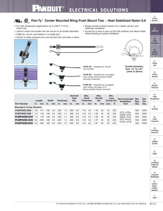 For technical assistance in the U.S., call 866-405-6654 (outside the U.S., see inside back cover for directory)
ELECTRICAL SOLUTIONS
B1.31
B2.
Cable
Accessories
C1.
Wiring
Duct
C3.
Abrasion
Protection
C4.
Cable
Management
D1.
Terminals
D2.
Power
Connectors
E1.
Labeling
Systems
E2.
Labels
E3.
Pre-Printed
& Write-On
Markers
F.
Index
B3.
Stainless
Steel Ties
C2.
Surface
Raceway
E5.
Lockout/
Tagout
& Safety
Solutions
B1.
Cable Ties
A.
System
Overview
D3.
Grounding
Connectors
E4.
Permanent
Identification
• For high temperature applications up to 239°F (115°C) –
indoor use
• Used to center the bundle over the mount on all bundle diameters
• Cable tie, mount, and fastener in a single part
• Anchor is easily pressed into a pre-formed hole and locks in place
• Wings provide constant tension for a stable, secure, and
rattle-free installation
• Curved tip is easy to pick up from flat surfaces and allows faster
initial threading to speed installation
Pan-Ty®
Center Mounted Wing Push Mount Ties – Heat Stabilized Nylon 6.6
Bundle diameters
from .12" to 1.97"
(3mm to 50mm)
PLWP-SC – Designed for normal
wire bundles.
PLWP-SD – Designed for corrugated
loom tubing. Bump prevents lateral
and axial movement.
PLWP-SE – Designed for corrugated
loom tubing, see page C3.11.
Bump prevents lateral movement.
Part Number
Length Width Thickness
Nominal
Hole
Dia.
Max.
Panel
Thickness
Max.
Bundle
Dia.
Min.
Loop
Tensile Str.
Recommended
Installation
Tool
Std.
Pkg.
Qty.
Std.
Ctn.
Qty.In. mm In. mm In. mm In. mm In. mm In. mm Lbs. N
Standard Cross Section
PLWP30SC-D30 5.8 147 .190 4.8 .050 1.3 .266 6.8 .118 3.0 1.18 30 50 222
GTS, GTSL,
GS2B, GTH,
GS4H, PTS,
PTH, PPTS,
STS2, STH2
500 5000
PLWP40SC-D30 7.0 178 .190 4.8 .050 1.3 .266 6.8 .118 3.0 1.58 40 50 222 500 5000
PLWP40SD-D30 7.0 178 .190 4.8 .050 1.3 .266 6.8 .118 3.0 1.58 40 50 222 500 5000
PLWP50SC-D30 8.2 208 .190 4.8 .050 1.3 .266 6.8 .118 3.0 1.97 50 50 222 500 5000
PLWP50SE-D30 8.2 208 .190 4.8 .050 1.3 .266 6.8 .118 3.0 1.97 50 50 222 500 5000
 