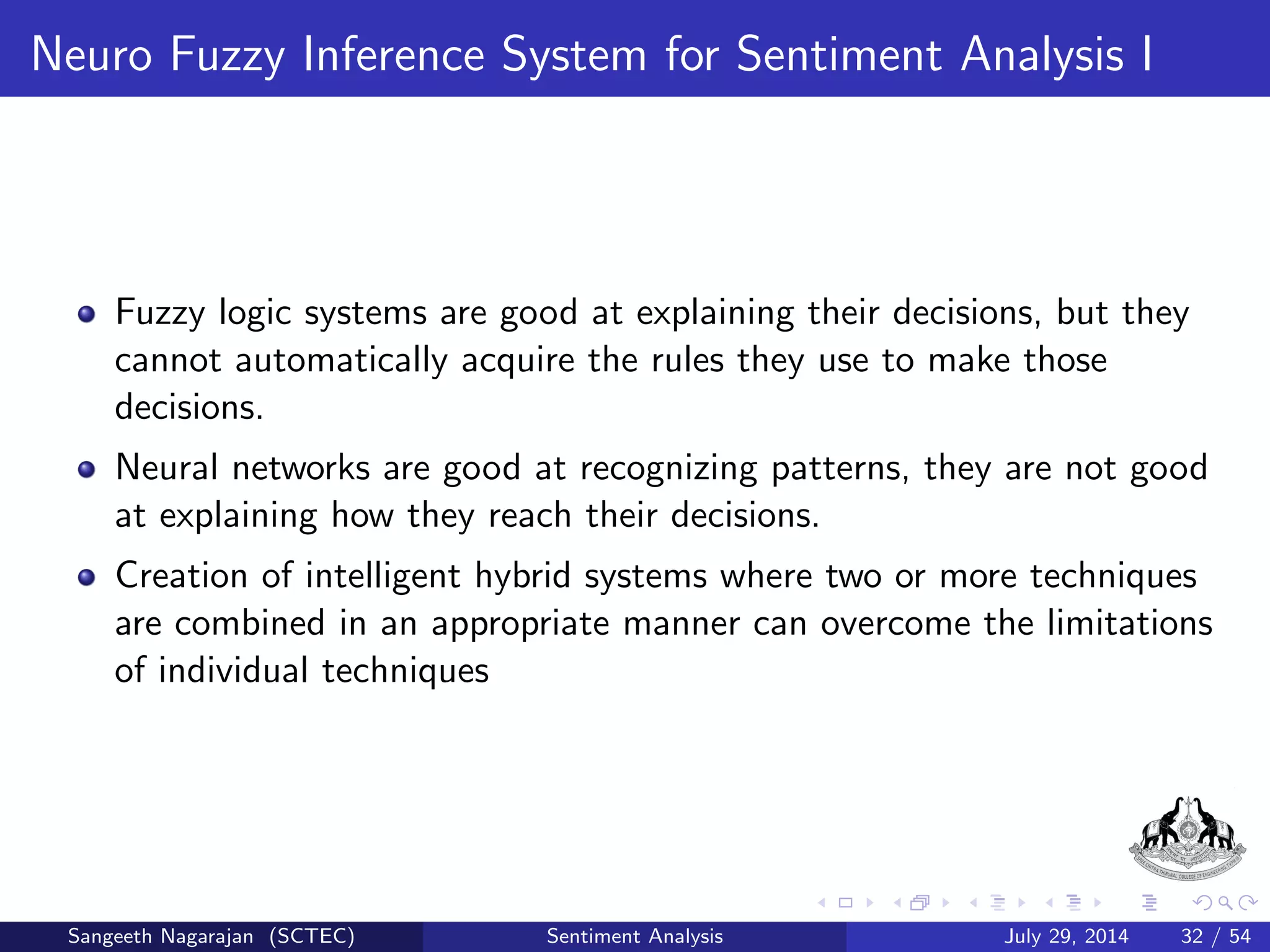 General Procedure VII 
Accuracy = 
TP + TN 
TP + TN + FP + FN 
(3) 
Precision = 
TP 
TP + FP 
(4) 
Recall = 
TP 
TP + FN 
(5) 
F = 
2  Precision  Recall 
Precision + Recall 
(6) 
Sangeeth Nagarajan (SCTEC) Sentiment Analysis July 29, 2014 20 / 54 
 