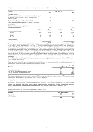2.20 CONTINGENT LIABILITIES AND COMMITMENTS (TO THE EXTENT NOT PROVIDED FOR)
in ` crore
Particulars

As at March 31,
2012

2011

Contingent liabilities :
Outstanding guarantees and counter guarantees to various banks, in respect of
the guarantees given by those banks in favour of various government
authorities and others

3
72

271

949

Claims against the Company, not acknowledged as debts(1)
[Net of amount paid to statutory authorities `1,114 crore (` 469 crore )]

3

742

Commitments :
Estimated amount of unexecuted capital contracts
(net of advances and deposits)

in ` crore

in million
Forward contracts outstanding
In USD
In Euro
In GBP
In AUD
Options outstanding
In USD
(1)

in million

in ` crore

677
20
20
23

3,445
136
163
121

500
20
10
10

2,230
127
72
46

50

254
4,119

-

2,475

Claims against the company not acknowledged as debts include demand from the Indian Income tax authorities for payment of additional tax of

` 1,088 crore ( ` 671 crore), including interest of ` 313 crore ( ` 177 crore) upon completion of their tax review for fiscal 2005, fiscal 2006, fiscal 2007
and fiscal 2008 . The tax demands are mainly on account of disallowance of a portion of the deduction claimed by the company under Section 10A of
the income tax Act. The deductible amount is determined by the ratio of export turnover to total turnover. The disallowance arose from certain expenses
incurred in foreign currency being reduced from export turnover but not reduced from total turnover. The tax demand for fiscal 2007 and fiscal 2008
also includes disallowance of portion of profit earned outside India from the STP units and disallowance of profits earned from SEZ units.The matter for
fiscal 2005, fiscal 2006, fiscal 2007 and fiscal 2008 are pending before the Commissioner of Income tax ( Appeals) Bangalore. The company is
contesting the demand and the management including its tax advisors believes that its position will likely be upheld in the appellate process. The
management believes that the ultimate outcome of this proceeding will not have a material adverse effect on the Company's financial postion and results
of operations.
As of the Balance Sheet date, the Company's net foreign currency exposures that are not hedged by a derivative instrument or otherwise is `1,081 crore
(`1,196 crore as at March 31, 2011).
The foreign exchange forward and option contracts mature between 1 to 12 months. The table below analyzes the derivative financial instruments into
relevant maturity groupings based on the remaining period as of the balance sheet date:
in ` crore
Particulars

As at March 31,
2012
304
650
3,165
4,119

Not later than one month
Later than one month and not later than three months
Later than three months and not later than one year

2011
413
590
1,472
2,475

The Company recognized a loss on derivative financial instruments of `263 crore and gain on derivative financial instruments of `53 crore during the year
ended March 31, 2012 and March 31, 2011, respectively, which is included in other income.
2.21 QUANTITATIVE DETAILS
The Company is primarily engaged in the development and maintenance of computer software. The production and sale of such software cannot be
expressed in any generic unit. Hence, it is not possible to give the quantitative details of sales and certain information as required under paragraphs 5
(viii)(c) of general instructions for preparation of the statement of profit and loss as per revised Schedule VI to the Companies Act, 1956.

2.22 IMPORTS (VALUED ON THE COST, INSURANCE AND FREIGHT BASIS)
in ` crore
Year ended March 31,
2012
180
6
186

Particulars
Capital goods
Software packages

21

2011
161
4
165

 