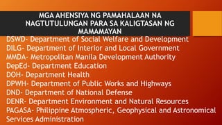 MGA AHENSIYA NG PAMAHALAAN NA
NAGTUTULUNGAN PARA SA KALIGTASAN NG
MAMAMAYAN
DSWD- Department of Social Welfare and Development
DILG- Department of Interior and Local Government
MMDA- Metropolitan Manila Development Authority
DepEd- Department Education
DOH- Department Health
DPWH- Department of Public Works and Highways
DND- Department of National Defense
DENR- Department Environment and Natural Resources
PAGASA- Philippine Atmospheric, Geophysical and Astronomical
Services Administration
 