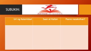 SUBUKIN:
Uri ng Kalamidad Saan at Kailan Paano nasaksihan?
 