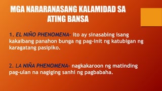 MGA NARARANASANG KALAMIDAD SA
ATING BANSA
1. EL NIŇO PHENOMENA- ito ay sinasabing isang
kakaibang panahon bunga ng pag-init ng katubigan ng
karagatang pasipiko.
2. LA NIŇA PHENOMENA- nagkakaroon ng matinding
pag-ulan na nagiging sanhi ng pagbabaha.
 