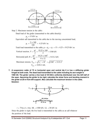 VI Semester Civil CE6602 Structural Analysis-II by K.kalaipandian AP / Civil Page 11
2 x 340
4.25 kN /
p 19.25 x 160
1540 kN
p 19.25 x 160
5133.2 kN
2
V 2
H2
15402
5133.32
A
5359.3
pd
p 15 4.25 19.25 k
75m; d 6m; DL 1500 kN; LL 30 kN / m
15 kN /
Step 2: Maximum tension in the cable:
Dead load of the girder (transmitted to the cable directly)
pd m
Equivalent udl transmitted to the cable due to the moving concentrated load,
p m
160
Total load transmitted to the cable, p N / m
Vertical reaction, V
Horizontal pull, H
2 2
2
8d 8 x 12
Maximum tension, Tmax
Tmax kN.
7. A suspension cable of 75 m horizontal span and central dip 6 m has a stiffening girder
hinged at both ends. The dead load transmitted to the cable including its own weight is
1500 kN. The girder carries a live load of 30 kN/m uniformly distributed over the left half of
the span. Assuming the girder to be rigid, calculate the shear force and bending moment in
the girder at 20 m from left support. Also calculate the maximum tension in the cable.
Solution:
Since the girder is rigid, the live load is transmitted to the cable as an udl whatever
the position of the load.
 