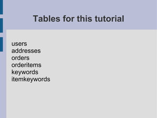 Tables for this tutorial

users
addresses
orders
orderitems
keywords
itemkeywords
 
