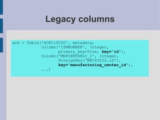 Legacy columns

ack = Table('ACK110030', metadata,
            Column('ITMNUMBER', Integer,
                   primary_key=True, key='id'),
            Column('MNFCENTERLC_I', Integer,
                   ForeignKey('MFC43222.id'),
                   key='manufacturing_center_id'),
            ...)
 