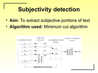 Subjectivity detection
• Aim: To extract subjective portions of text
• Algorithm used: Minimum cut algorithm
 