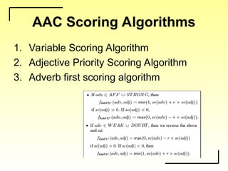 AAC Scoring Algorithms
1. Variable Scoring Algorithm
2. Adjective Priority Scoring Algorithm
3. Adverb first scoring algorithm
 
