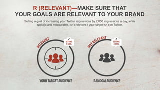 Setting a goal of increasing your Twitter impressions by 2,000 impressions a day, while
specific and measurable, isn’t relevant if your target isn’t on Twitter.
R (RELEVANT)—MAKE SURE THAT
YOUR GOALS ARE RELEVANT TO YOUR BRAND
 