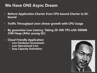 We Have ONE Async Dream
• Reform Application Charter from CPU-bound Charter to IO-
bound
• Traffic Throughput (non-)linear growth with CPU Usage
• By guarantee Low Latency, Taking 20-30K TPS with 500MB
JVM Heap (After young GC)
• Cloud Friendly Application
• Less Hardware Investment
• Low Operational Cost
• Easy Capacity Estimation
 