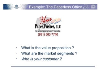 Example: The Paperless Office




     •     What is the value proposition ?
     •     What are the market segments ?
     •     Who is your customer ?

Vakgroep Informatietechnologie – Onderzoeksgroep IBCN   p. 6
 