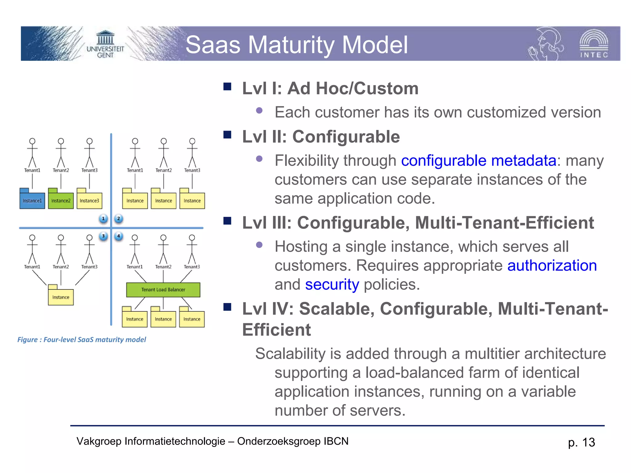 Saas Maturity Model
                                                Lvl I: Ad Hoc/Custom
                                                      Each customer has its own customized version
                                                Lvl II: Configurable
                                                      Flexibility through configurable metadata: many
                                                       customers can use separate instances of the
                                                       same application code.
                                                Lvl III: Configurable, Multi-Tenant-Efficient
                                                      Hosting a single instance, which serves all
                                                       customers. Requires appropriate authorization
                                                       and security policies.
                                                Lvl IV: Scalable, Configurable, Multi-Tenant-
Figure : Four-level SaaS maturity model
                                                 Efficient
                                                   Scalability is added through a multitier architecture
                                                     supporting a load-balanced farm of identical
                                                     application instances, running on a variable
                                                     number of servers.
                 Vakgroep Informatietechnologie – Onderzoeksgroep IBCN                            p. 13
 