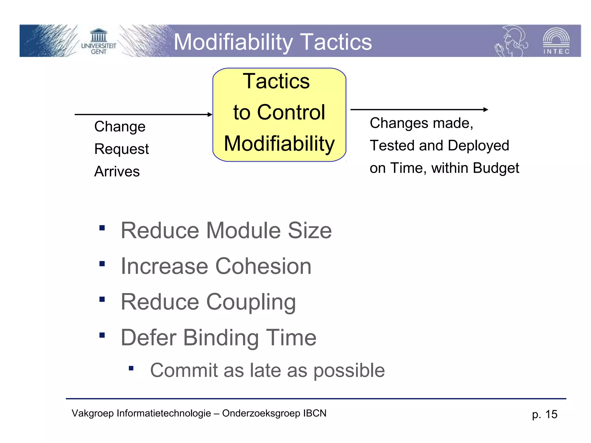 Modifiability Tactics
                                 Tactics
                                to Control              Changes made,
    Change
    Request                    Modifiability            Tested and Deployed
    Arrives                                             on Time, within Budget



         Reduce Module Size
         Increase Cohesion
         Reduce Coupling
         Defer Binding Time
               Commit as late as possible

Vakgroep Informatietechnologie – Onderzoeksgroep IBCN                            p. 15
 