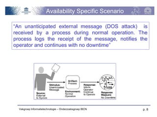 Availability Specific Scenario

“An unanticipated external message (DOS attack) is
received by a process during normal operation. The
process logs the receipt of the message, notifies the
operator and continues with no downtime”




  Vakgroep Informatietechnologie – Onderzoeksgroep IBCN   p. 8
 