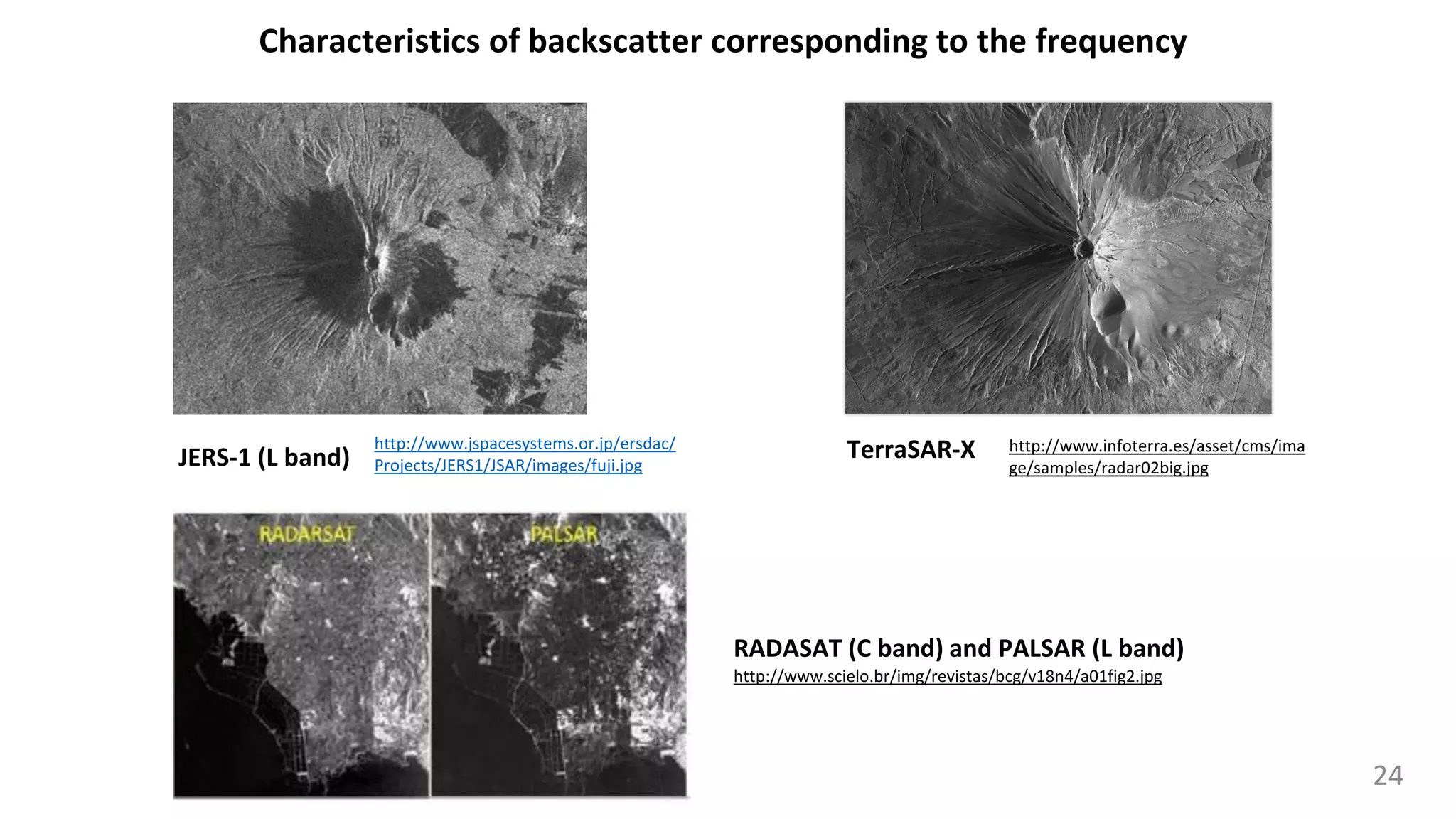 Characteristics of backscatter corresponding to the frequency
http://www.infoterra.es/asset/cms/ima
ge/samples/radar02big.jpg
http://www.jspacesystems.or.jp/ersdac/
Projects/JERS1/JSAR/images/fuji.jpg
JERS-1 (L band) TerraSAR-X
http://www.scielo.br/img/revistas/bcg/v18n4/a01fig2.jpg
RADASAT (C band) and PALSAR (L band)
24
 
