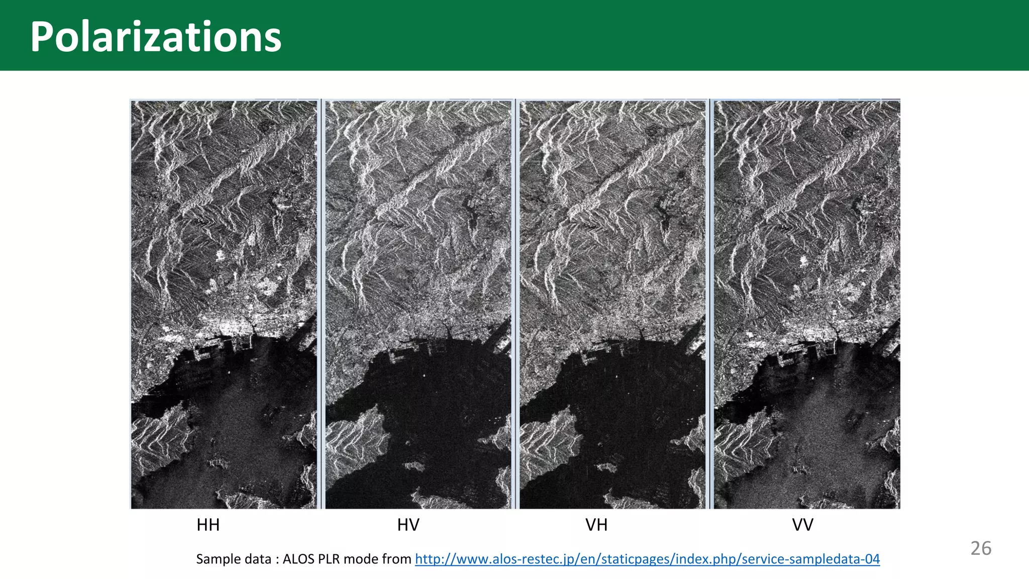 HH HV VH VV
Sample data : ALOS PLR mode from http://www.alos-restec.jp/en/staticpages/index.php/service-sampledata-04
26
Polarizations
 