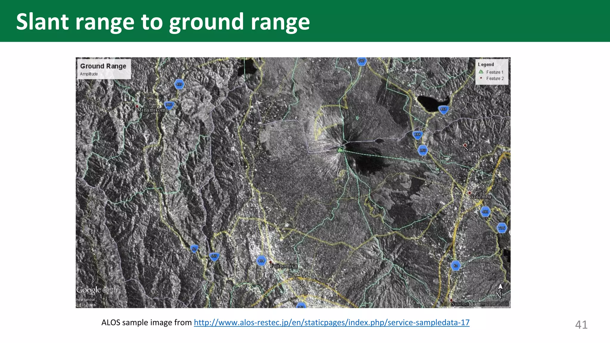 ALOS sample image from http://www.alos-restec.jp/en/staticpages/index.php/service-sampledata-17 41
Slant range to ground range
 