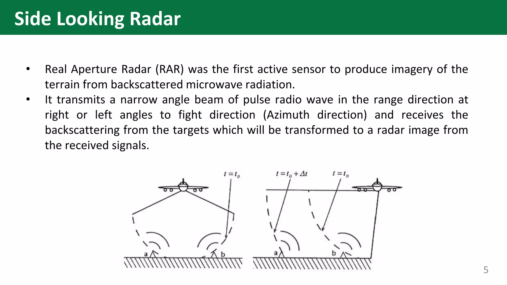 • Real Aperture Radar (RAR) was the first active sensor to produce imagery of the
terrain from backscattered microwave radiation.
• It transmits a narrow angle beam of pulse radio wave in the range direction at
right or left angles to fight direction (Azimuth direction) and receives the
backscattering from the targets which will be transformed to a radar image from
the received signals.
5
Side Looking Radar
 