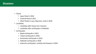 • Floods
• Japan flood in 2018
• Thailand flood in 2011
• Other floods in Laos, Myanmar, India in 2018
• Landslides
o Land...