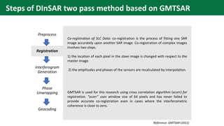 Steps of DInSAR two pass method based on GMTSAR
Preprocess
Registration
Interferogram
Generation
Phase
Unwrapping
Geocoding
Co-registration of SLC Data: co-registration is the process of fitting one SAR
image accurately upon another SAR image. Co-registration of complex images
involves two steps.
1) the location of each pixel in the slave image is changed with respect to the
master image.
2) the amplitudes and phases of the sensors are recalculated by interpolation.
GMTSAR is used for this research using cross correlation algorithm (xcorr) for
registration. “xcorr” uses window size of 64 pixels and has never failed to
provide accurate co-registration even in cases where the interferometric
coherence is close to zero.
Reference: GMTSAR (2011)
 