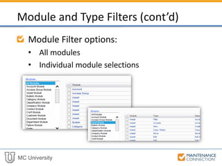 MC University
Module Filter options:
• All modules
• Individual module selections
Module and Type Filters (cont’d)
 