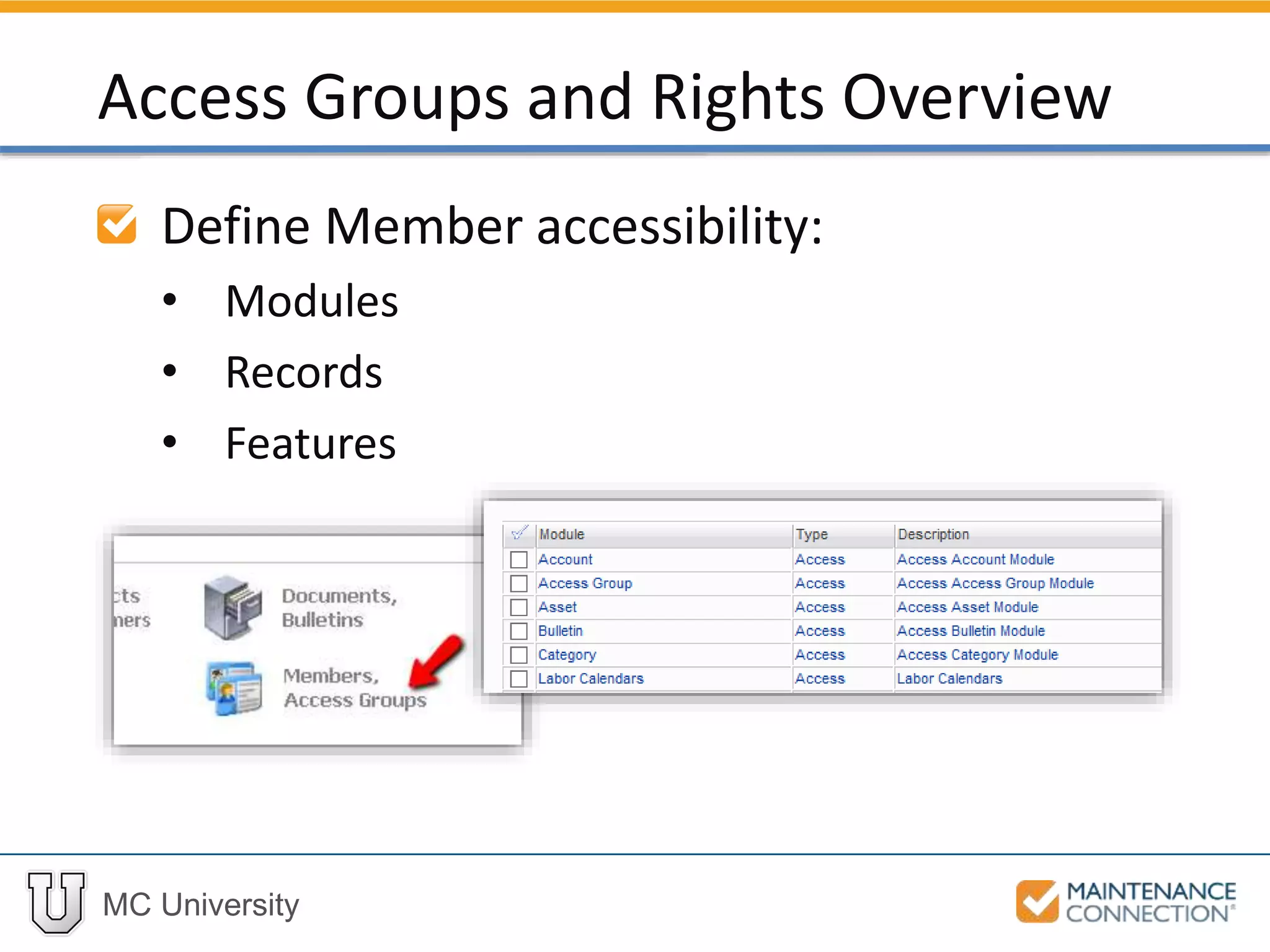 MC University
Define Member accessibility:
• Modules
• Records
• Features
Access Groups and Rights Overview
 