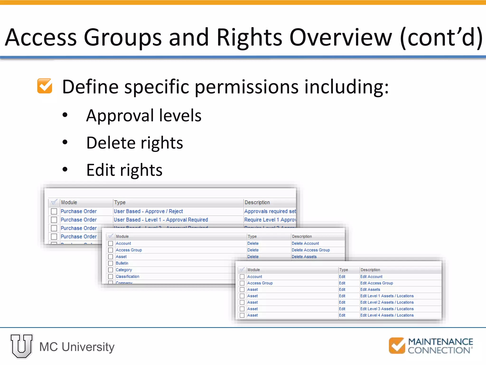 MC University
Define specific permissions including:
• Approval levels
• Delete rights
• Edit rights
Access Groups and Rights Overview (cont’d)
 