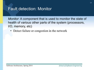 School of Software Engineering
Software Architecture, Spring 2014
13
School of Software Engineering
Software Architecture, Spring 2014
13
Fault detection: Monitor
Monitor: A component that is used to monitor the state of
health of various other parts of the system (processors,
I/O, memory, etc)
• Detect failure or congestion in the network
 