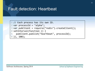 School of Software Engineering
Software Architecture, Spring 2014
15
School of Software Engineering
Software Architecture, Spring 2014
15
Fault detection: Heartbeat
1
2
3
4
5
6
// Each process has its own ID.
var processId = "alpha";
var pubClient = require("redis").createClient();
setInterval(function () {
pubClient.publish("heartbeat", processId);
}), 100);
 