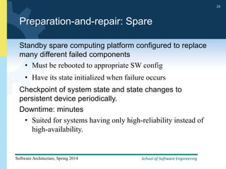 School of Software Engineering
Software Architecture, Spring 2014
28
School of Software Engineering
Software Architecture, Spring 2014
28
Preparation-and-repair: Spare
Standby spare computing platform configured to replace
many different failed components
• Must be rebooted to appropriate SW config
• Have its state initialized when failure occurs
Checkpoint of system state and state changes to
persistent device periodically.
Downtime: minutes
• Suited for systems having only high-reliability instead of
high-availability.
 