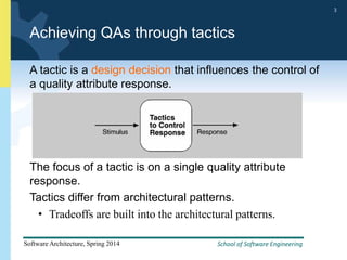 School of Software Engineering
Software Architecture, Spring 2014
3
School of Software Engineering
Software Architecture, Spring 2014
3
Achieving QAs through tactics
A tactic is a design decision that influences the control of
a quality attribute response.
The focus of a tactic is on a single quality attribute
response.
Tactics differ from architectural patterns.
• Tradeoffs are built into the architectural patterns.
 