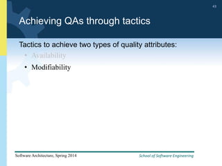School of Software Engineering
Software Architecture, Spring 2014
43
School of Software Engineering
Software Architecture, Spring 2014
43
Achieving QAs through tactics
Tactics to achieve two types of quality attributes:
• Availability
• Modifiability
 