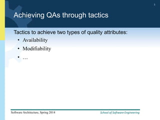 School of Software Engineering
Software Architecture, Spring 2014
5
School of Software Engineering
Software Architecture, Spring 2014
5
Achieving QAs through tactics
Tactics to achieve two types of quality attributes:
• Availability
• Modifiability
• …
 