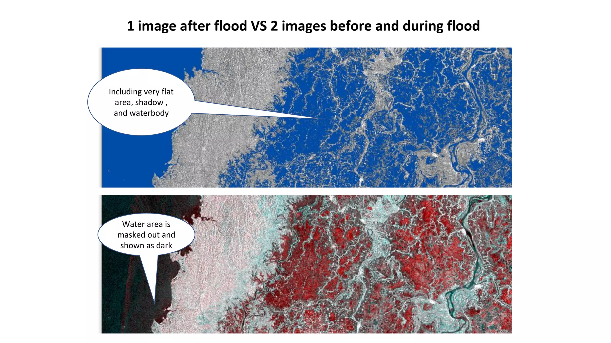 1 image after flood VS 2 images before and during flood
Including very flat
area, shadow ,
and waterbody
Water area is
masked out and
shown as dark
 