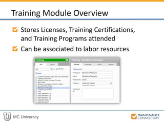 MC University
Stores Licenses, Training Certifications,
and Training Programs attended
Can be associated to labor resources
Training Module Overview
 