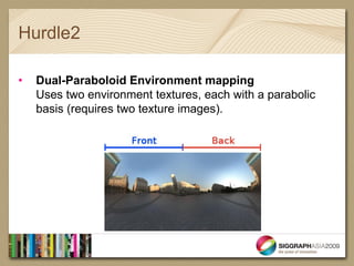 Hurdle2

•   Dual-Paraboloid Environment mapping
    Uses two environment textures, each with a parabolic
    basis (requires two texture images).
 