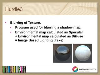 Hurdle3

•   Blurring of Texture.
    • Program used for blurring a shadow map.
    • Environmental map calculated as Specular
       + Environmental map calculated as Diffuse
       = Image Based Lighting (Fake)
 
