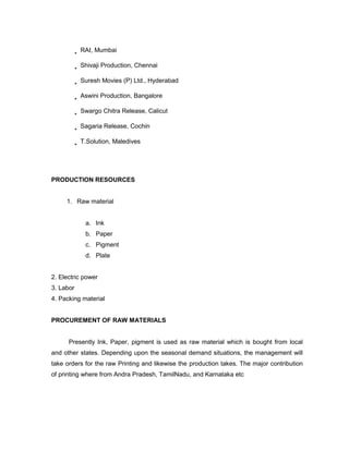 RAI, Mumbai

           Shivaji Production, Chennai

           Suresh Movies (P) Ltd., Hyderabad

           Aswini Production, Bangalore

           Swargo Chitra Release, Calicut

           Sagaria Release, Cochin

           T.Solution, Maledives




PRODUCTION RESOURCES


     1. Raw material


            a. Ink
            b. Paper
            c. Pigment
            d. Plate


2. Electric power
3. Labor
4. Packing material


PROCUREMENT OF RAW MATERIALS


      Presently Ink, Paper, pigment is used as raw material which is bought from local
and other states. Depending upon the seasonal demand situations, the management will
take orders for the raw Printing and likewise the production takes. The major contribution
of printing where from Andra Pradesh, TamilNadu, and Karnataka etc
 