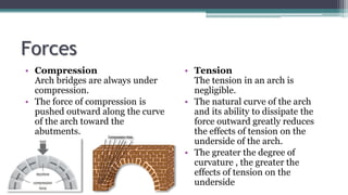 Forces
• Compression
Arch bridges are always under
compression.
• The force of compression is
pushed outward along the curve
of the arch toward the
abutments.
• Tension
The tension in an arch is
negligible.
• The natural curve of the arch
and its ability to dissipate the
force outward greatly reduces
the effects of tension on the
underside of the arch.
• The greater the degree of
curvature , the greater the
effects of tension on the
underside
 