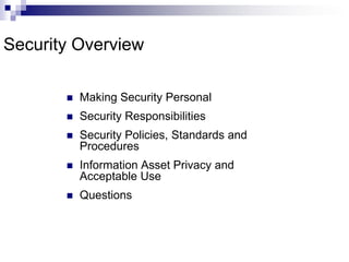 Security OverviewMaking Security PersonalSecurity ResponsibilitiesSecurity Policies, Standards and ProceduresInformation Asset Privacy and Acceptable UseQuestions