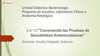 Unidad Didáctica: Bacteriología
Programa de estudios: Laboratorio Clínico y
Anatomía Patológica
S.A-12:“Conociendo las Pruebas de
Sensibilidad Antimicrobianas”
Docente: Amalia Delgado Soberón
 