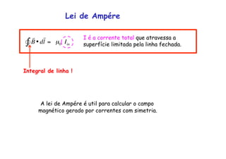 I é a corrente total que atravessa a
superfície limitada pela linha fechada.
A lei de Ampére é util para calcular o campo
magnético gerado por correntes com simetria.
Lei de Ampére
€

B• d

l∫ = µ0 Iin
Integral de linha !
 