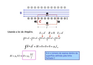 Usando a lei de Ampére.
           
           
B
I



l
N é o número de espiras dentro da
superfície definida pela linha
fechada C
C
 
