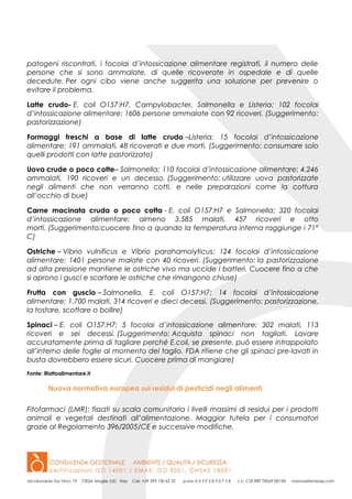 patogeni riscontrati, i focolai d’intossicazione alimentare registrati, il numero delle
persone che si sono ammalate, di quelle ricoverate in ospedale e di quelle
decedute. Per ogni cibo viene anche suggerita una soluzione per prevenire o
evitare il problema.
Latte crudo- E. coli O157:H7, Campylobacter, Salmonella e Listeria; 102 focolai
d’intossicazione alimentare; 1606 persone ammalate con 92 ricoveri. (Suggerimento:
pastorizzazione)
Formaggi freschi a base di latte crudo –Listeria; 15 focolai d’intossicazione
alimentare; 191 ammalati, 48 ricoverati e due morti. (Suggerimento: consumare solo
quelli prodotti con latte pastorizzato)
Uova crude o poco cotte– Salmonella; 110 focolai d’intossicazione alimentare; 4.246
ammalati, 190 ricoveri e un decesso. (Suggerimento: utilizzare uova pastorizzate
negli alimenti che non verranno cotti, e nelle preparazioni come la cottura
all’occhio di bue)
Carne macinata cruda o poco cotta - E. coli O157:H7 e Salmonella; 320 focolai
d’intossicazione alimentare; almeno 3.585 malati, 457 ricoveri e otto
morti. (Suggerimento:cuocere fino a quando la temperatura interna raggiunge i 71°
C)
Ostriche – Vibrio vulnificus e Vibrio parahamolyticus; 124 focolai d’intossicazione
alimentare; 1401 persone malate con 40 ricoveri. (Suggerimento: la pastorizzazione
ad alta pressione mantiene le ostriche vivo ma uccide i batteri. Cuocere fino a che
si aprono i gusci e scartare le ostriche che rimangono chiuse)
Frutta con guscio – Salmonella, E. coli O157:H7; 14 focolai d’intossicazione
alimentare; 1.700 malati, 314 ricoveri e dieci decessi. (Suggerimento: pastorizzazione,
la tostare, scottare o bollire)
Spinaci – E. coli O157:H7; 5 focolai d’intossicazione alimentare; 302 malati, 113
ricoveri e sei decessi. (Suggerimento: Acquista spinaci non tagliati. Lavare
accuratamente prima di tagliare perché E.coli, se presente, può essere intrappolato
all’interno delle foglie al momento del taglio. FDA ritiene che gli spinaci pre-lavati in
busta dovrebbero essere sicuri. Cuocere prima di mangiare)
Fonte: ilfattoalimentare.it
Nuova normativa europea sui residui di pesticidi negli alimenti
Fitofarmaci (LMR): fissati su scala comunitaria i livelli massimi di residui per i prodotti
animali e vegetali destinati all’alimentazione. Maggior tutela per i consumatori
grazie al Regolamento 396/2005/CE e successive modifiche.
 